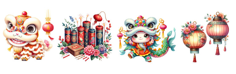 Chinese New Year watercolor on white background - obrazy, fototapety, plakaty