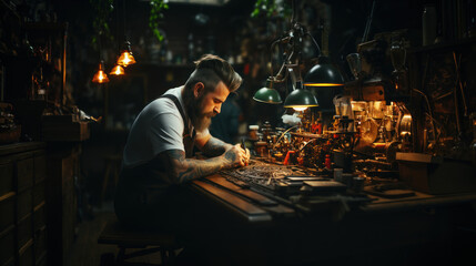 Handsome tattooed man working in a leather workshop at night.