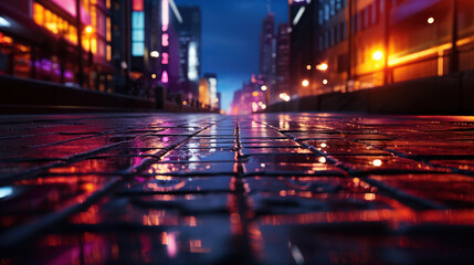 Night city street with wet pavement and illuminated buildings.