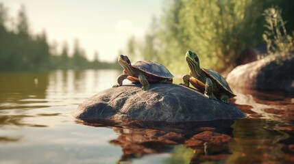 A pair of turtles sunbathing on a smooth rock in a pond