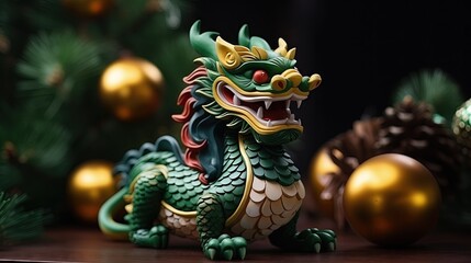 Fototapeta premium Christmas tree bauble with a green Dragon, symbol of the upcoming 2024 new year. Souvenir with a lunar calendar symbol, traditional Chinese green Dragon