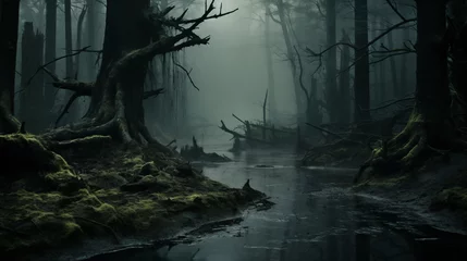 Fotobehang 霧のかかる沼地。AI生成画像 © saharam