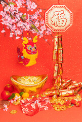 Tradition Chinese cloth doll,Chinese wording on coin meanings:Wishing you prosperity and wealth.word on firecracker Translation good luck for new year.