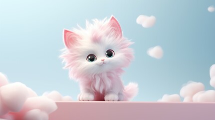 A white kitten with pink fur sits on top of a pink box with pink floating clouds in the background. 