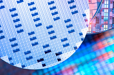 Macro of silicon wafer semiconductor with neon color, integrated circuits to manufacture CPU and GPU