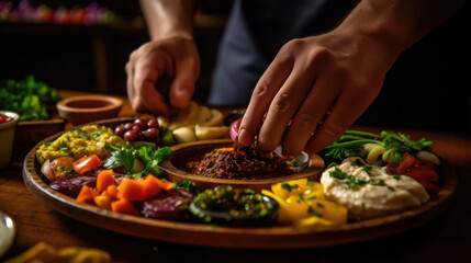 person assembling a plate of traditional arabic meze generative ai