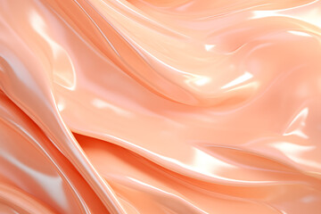 Fototapeta premium Abstract background with smooth wavy lines in peach fuzz colors. Closeup of rippled satin fabric texture. 