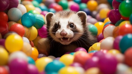 Fototapeta na wymiar A playful ferret tunneling through a pile of colorful balls