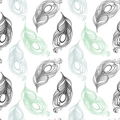 Seamless pattern, hand drawn peacock feathers on a white background. Background, print, elegant textile, vector