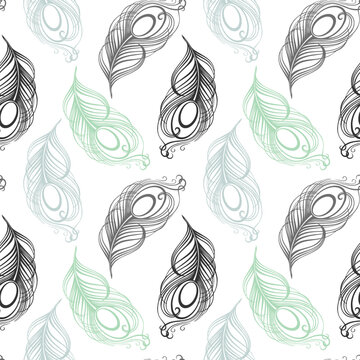 Seamless pattern, hand drawn peacock feathers on a white background. Background, print, elegant textile, vector