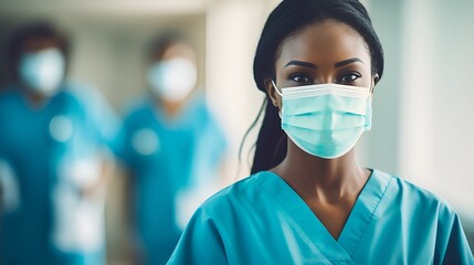 Portrait of Doctor in Surgical Mask with Colleagues in Background