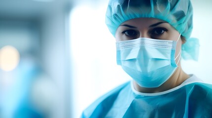 Portrait of Doctor in Surgical Mask with Colleagues in Background