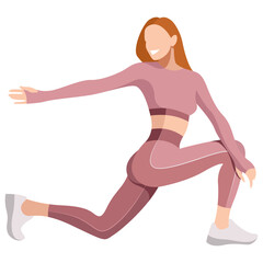 vector image of a girl in a sports uniform (leggings and a sports bra) is engaged in fitness, sports, training. girl squats, does lunges, trains her legs and buttocks. isolated on a white background.