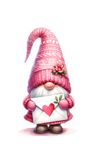 Cute Gnome Holding a Valentine's Love Letter With Heart, Whimsical Watercolor Illustration, Perfect for Romantic Gifts and Seasonal Decor" - a magical piece for expressing affection.