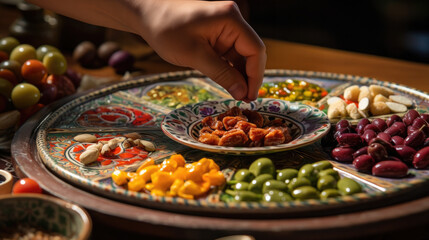 Obraz premium person assembling a plate of traditional arabic meze generative ai