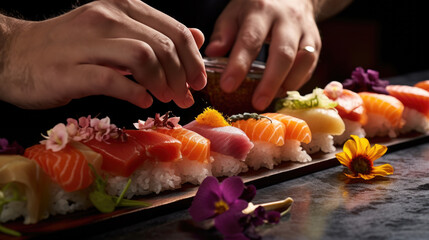Obraz na płótnie Canvas hands of a sushi chef creating a visually stunning sushi presentation generative ai