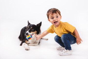 Smiling child playing with a ball with a border collie dog on white background