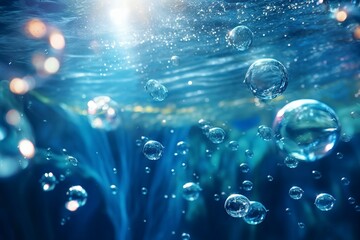 Underwater bubbles with sunlight. underwater background bubbles, high quality, photorealistic, professional photography, 8K super detailed images, ultra detail - obrazy, fototapety, plakaty