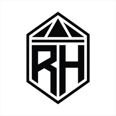 RH Letter Logo monogram simple hexagon shield shape with triangle crown isolated style design