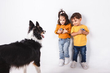 Two fearful children hold two balls in their hands in front of a Border Collie dog