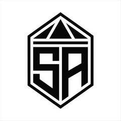 SA Letter Logo monogram simple hexagon shield shape with triangle crown isolated style design