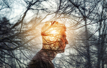 Head of a man on background of trees in forest. Topic of psychology, psychiatry, depression. The branches of trees symbolize problems and diseases, and the sun is a symbol of hope and recovery.