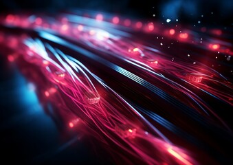 Abstract red dark fiber electrical cables neon waves technology background.
