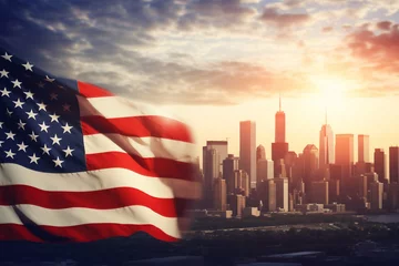 Printed kitchen splashbacks United States American flag waves in urban city USA. Skyscraper silhouette at sunset.