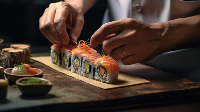 hands of a sushi chef creating ingenious sushi rolls generative ai