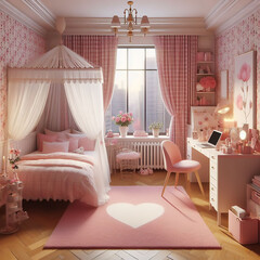 Pink bedroom and wardrobe 3D image
