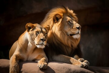 African pride lion couple. Lion king hunter with lioness in wild habitat. Generate ai