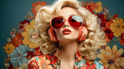 Portrait 1960s Vintage Retro Hippie Movement Flower Power Music 1960s Peace and Love Wallpaper Background Cover Digital Art Poster