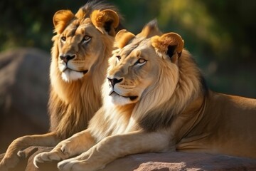 African lion king and lioness. Wild fauna hunter animals sitting in savannah. Generate ai