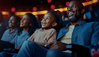 African American family in movie theater. A happy multi-ethnic family is in the movie theater watching a movie on and enjoying drinks and popcorn and having fun. Love,happy and Laughing - obrazy, fototapety, plakaty