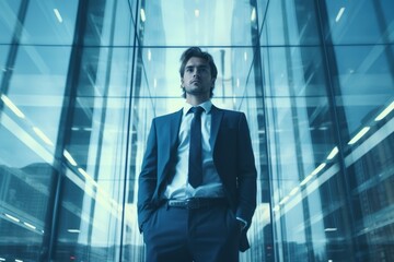 Low angle wideshot young smart clever of business people portrait standing in high rise interior office business casual ideas sharing strategy vision goal business ideas concept