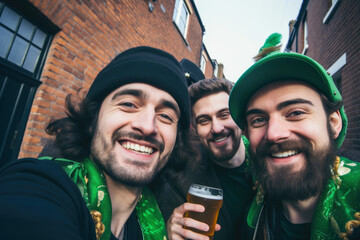 Happy people in St Patrick's Day outfits with beer taking selfie outdoors - obrazy, fototapety, plakaty