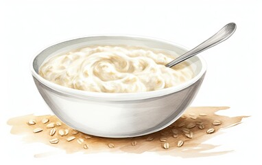 Oatmeal porridge with spoon watercolor painting on isolated white background - obrazy, fototapety, plakaty