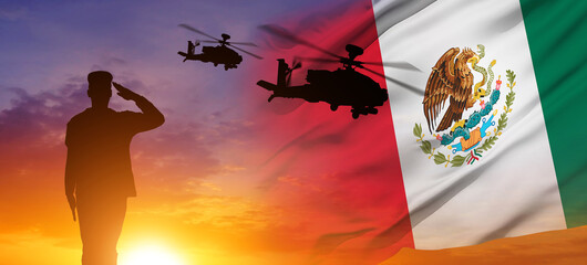 Solider Saluting Against the flag of Mexico. Concept of national holidays. 3d illustration - obrazy, fototapety, plakaty
