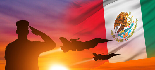 Solider Saluting Against the flag of Mexico. Concept of national holidays. 3d illustration - obrazy, fototapety, plakaty