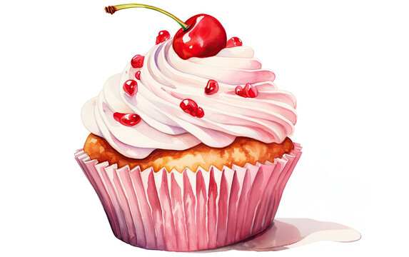 Cupcake with cream and cherry watercolor painting illustration on isolated white background	