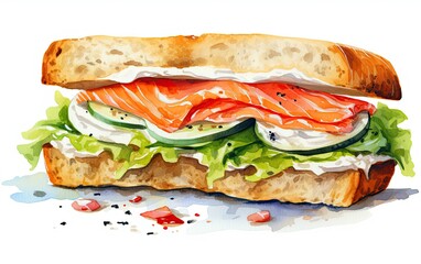 Smoked salmon and cream cheese sandwich with vegetables watercolor painting on isolated white backgroun