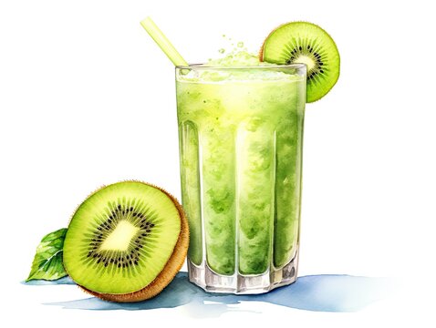 Glass of a kiwi smoothie with kiwi fruits watercolor painting on isolated white background