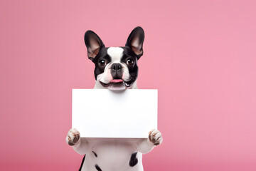 French Bulldog dog holding empty white sign in front of pink studio background - obrazy, fototapety, plakaty