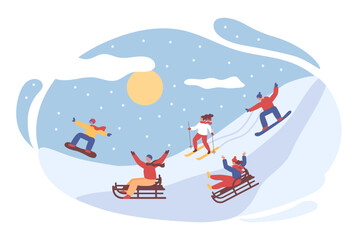 Children go sledding, skiing, snowboarding