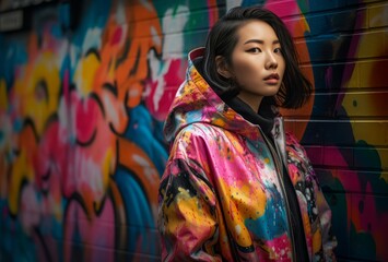 Asian street style. Fashionable girl on colorful graffiti street wall. Generate ai
