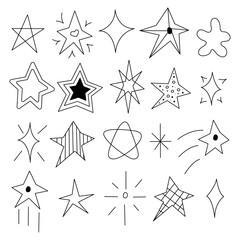 Doodle stars set. Clip art white and black vector illustration.