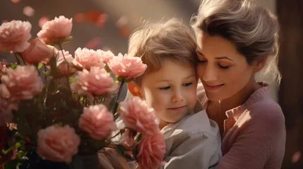 Foto op Plexiglas Amor de madre entre flores, madre e hijo en tonos rosados © ClicksdeMexico