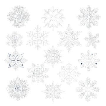 a variety of snowflake designs highlighting the delicate complexity and symmetry of each flake, looks great on any color background or picture