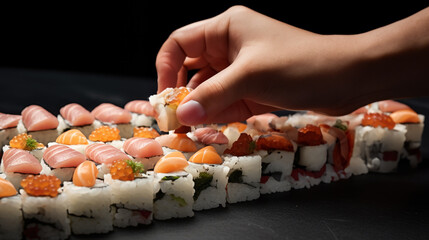 hands of a sushi chef forming perfect sized pieces of sushi generative ai