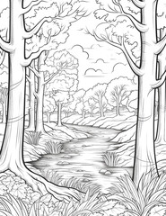 Pine forest coloring page isolated on transparent background